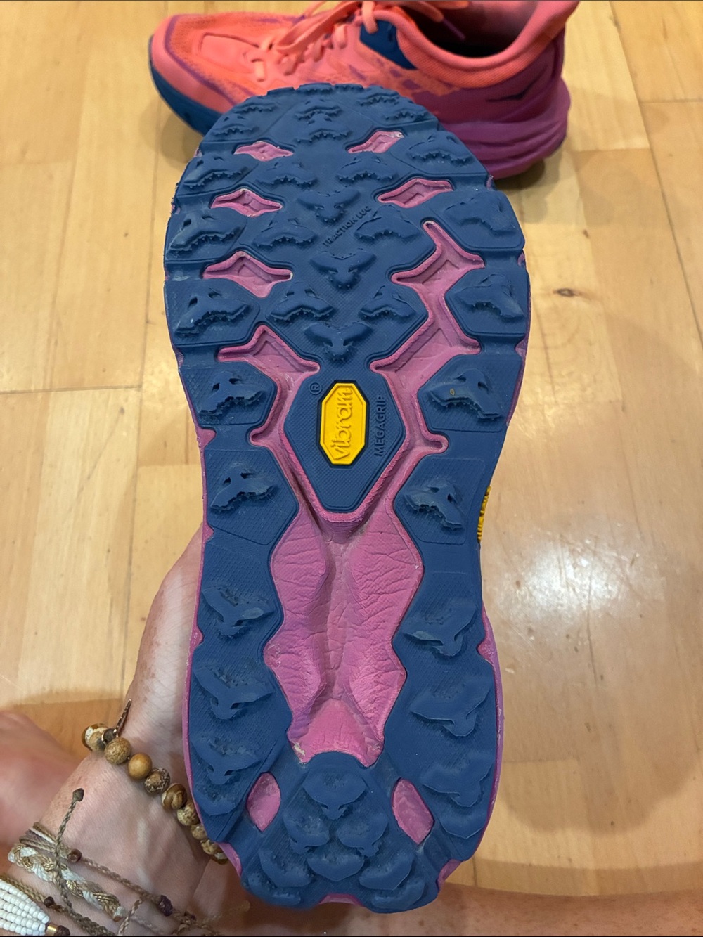 Hoka Coral Pink and Navy Women's Speedgoat Running Shoes - Picture 4 of 5